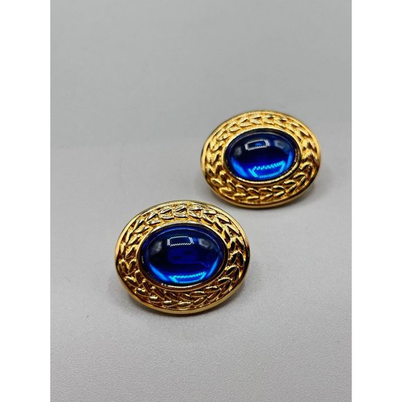 TRIFARI TM Blue Cabochon Earrings Elegant Oval Clip On Plastic Acrylic Stones - Picture 5 of 8